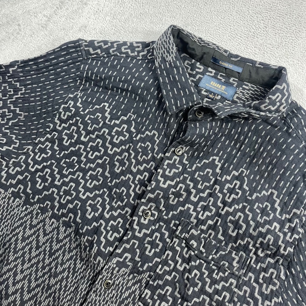 Roark Journey Short Sleeve Woven Shirt Black Grey Geometric Ikat Jacquard RW658